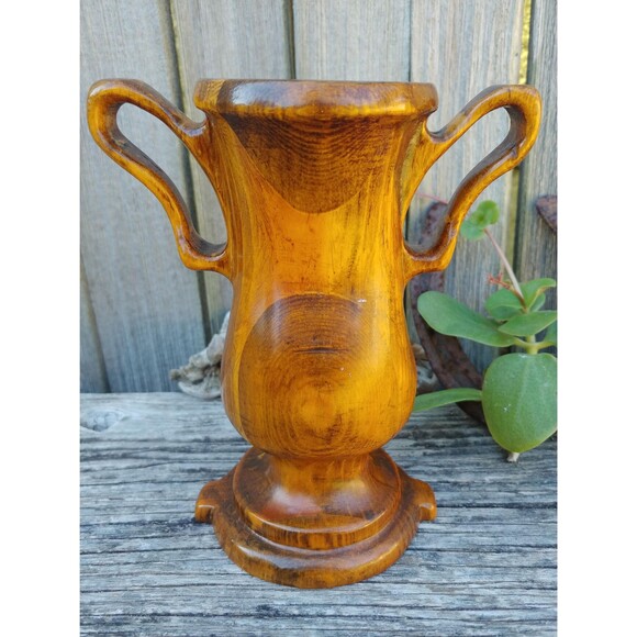 Vintage Milled Wood Trophy Cup Vase, Mod Dry Flower Vase Wood Home Decor - Picture 2 of 10